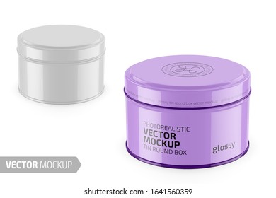 Round white glossy tin round box. Container for dry products - tea, coffee, sugar, cereals, candy. Photo-realistic packaging vector mockup template with sample design. Vector 3d illustration.