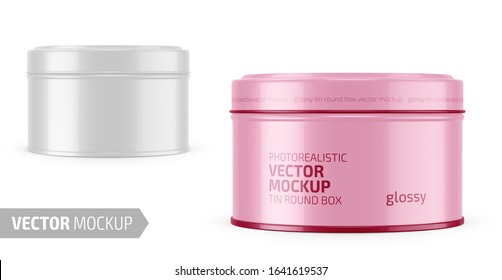 Round white glossy tin round box. Container for dry products - tea, coffee, sugar, cereals, candy. Photo-realistic packaging vector mockup template with sample design. Vector 3d illustration.