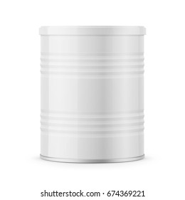 Round White Glossy Tin Can With Plastic Lid For Baby Milk Powder, Instant Coffee, Cereal Etc. Ribbed Side. 400g. Realistic Packaging Mockup Template. Vector Illustration.