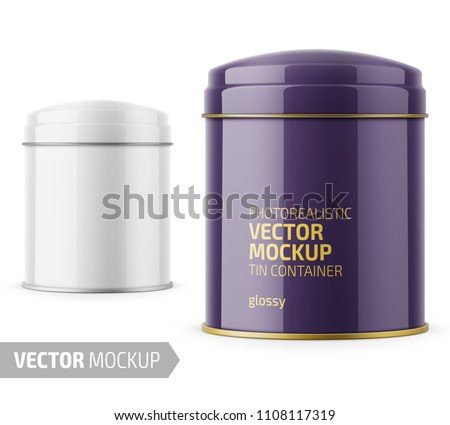 Round white glossy tin can with dome lid. Container for dry products - tea, coffee, sugar, candy, spice. Realistic packaging mockup template with sample design. Vector illustration.