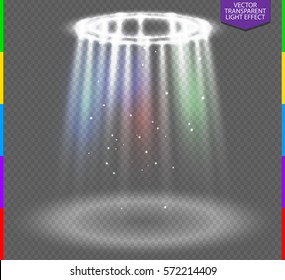 Round white glow rays night scene with sparks on transparent background. Empty light effect podium. Disco club dance floor. Show party lamp in fog. Ufo beam stage