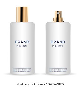 Round white, gold, grey plastic bottle set with dispenser for liquid soap, lotion, shampoo, shower gel, lotion, body milk. 
Realistic packaging mockup template. Side view.