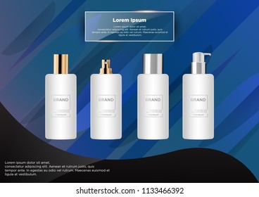 Round white gold, grey and silver plastic bottle set with dispenser for 
liquid soap, lotion, shampoo. 
Realistic packaging mockup template. With gold and silver lid.
Isolated on abstract background.
