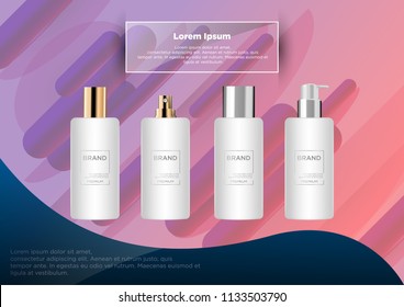 Round white gold, grey and silver plastic bottle set with dispenser for 
liquid soap, lotion, shampoo. 
Realistic packaging mockup template. With gold and silver lid.
Isolated on abstract background. 