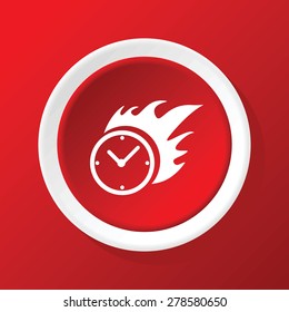 Round white icon with image of burning clock, on red background
