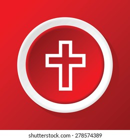 Round white icon with image of christian cross, on red background