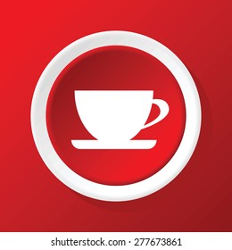 Round white icon with image of cup on saucer, on red background