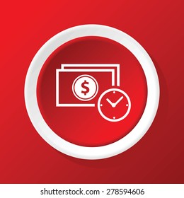 Round white icon with image of dollar bill and clock, on red background