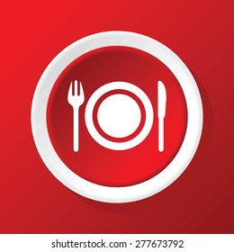 Round white icon with image of fork, knife and plate, on red background