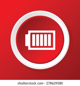 Round white icon with image of fully charged battery, on red background