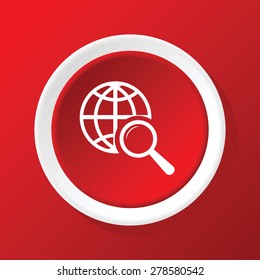 Round white icon with image of globe under loupe, on red background