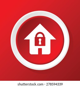 Round white icon with image of house with padlock, on red background
