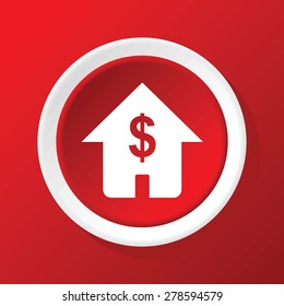 Round white icon with image of house with dollar symbol, on red background