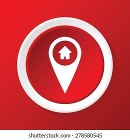 Round white icon with image of map pointer with house picture, on red background