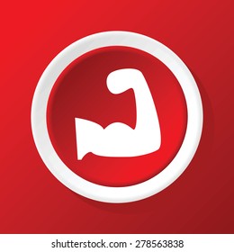 Round white icon with image of muscular arm, on red background