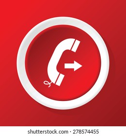 Round white icon with image of phone receiver and right arrow, on red background