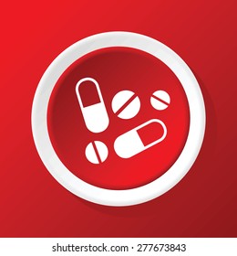 Round white icon with image of pills and tablets, on red background