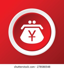 Round white icon with image of purse with yen symbol, on red background
