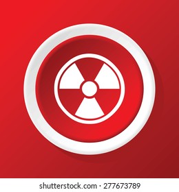 Round white icon with image of radiohazard, on red background