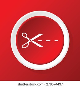 Round white icon with image of scissors cutting along the line, on red background