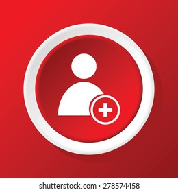 Round white icon with image of user image and plus sign, on red background