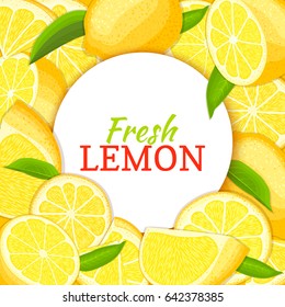 Round white label on citrus lemon background. Vector card illustration.
