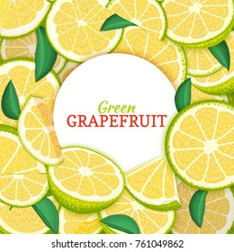 Round white label on citrus grapefruit background. Vector card illustration. Tropical fresh and juicy green pomelo frame peeled piece of half slice for d for packaging design healthy food, diet juce