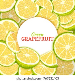 Round white label on citrus grapefruit background. Vector card illustration. Tropical fresh and juicy green pomelo frame peeled piece of half slice for d for packaging design healthy food, diet juce.