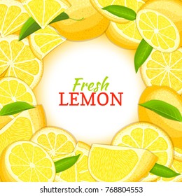 Round white label on citrus lemon background. Vector card illustration. Tropical fresh and juicy yellow lime frame peeled slice leaf for design of food packaging juice breakfast, detox diet