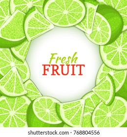 Round white label on citrus lime background. Vector card illustration. Tropical fresh and juicy green lemon frame peeled piece of half slice for design of food packaging juice breakfast