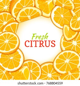 Round white label on citrus orange fruit background. Vector card illustration. Tropical fresh, juicy oranges fruit frame peeled piece of half slice for design of food packaging juice breakfast, detox