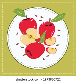 Round white label on a green background with red apples and apple slices and leaves. Vector drawing.