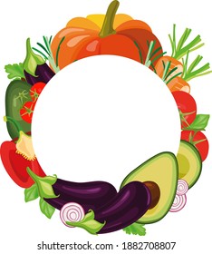 Round white label surrounded by a variety of vegetables. White field for the inscription. Price tag, sticker, postcard. Vector drawing.