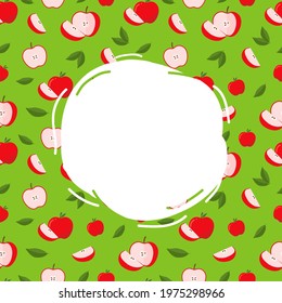 Round white label for text on green background with Bright red apples and leaves. Swirling green pattern with apples. Vector template design.