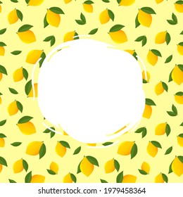 Round white label for text on yellow background with Bright lemon and leaves. Swirling yellow pattern with citrus fruit. Vector template design.