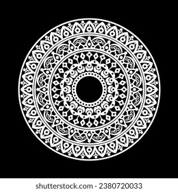  Mandala blanca redonda sobre fondo negro.
Ilustración vectorial.