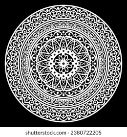  Round white mandala on black background.
Vector illustration.