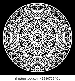 Round white mandala on black background.
Vector illustration.