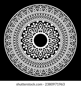 Runde weiße Mandala auf schwarzem Hintergrund.
Vektorgrafik.