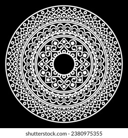  Round white mandala on black background.
Vector illustration.