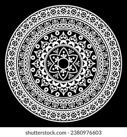  Round white mandala on black background.
Vector illustration.