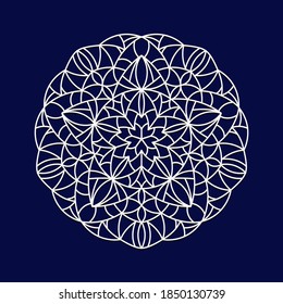 Round white mandala on a blue background. Can be used as a meditation coloring book, a template for cutting out, decorating objects and things.