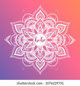 Round white mandala on dreamy gradient background. Vector hipster design in violet and pink colors. Mandala with floral patterns. Yoga template