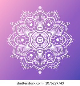 Round white mandala on dreamy gradient background. Vector hipster design in violet and pink colors. Mandala with floral patterns. Yoga template