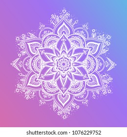 Round white mandala on dreamy gradient background. Vector hipster design in violet and pink colors. Mandala with floral patterns. Yoga template