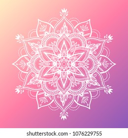 Round white mandala on dreamy gradient background. Vector hipster design in violet and pink colors. Mandala with floral patterns. Yoga template