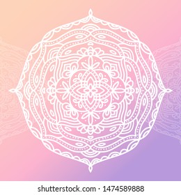 Round white mandala on gradient pink isolated background. Vector boho mandala in lilac and pink colors. Mandala with abstract pattern backround. Yoga template.