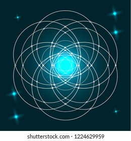 Round white mandala pattern on a dark background. Artistic ornament, spiritual symbol. Inner light, sparks. Vector graphics.