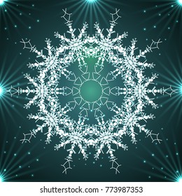 Round white mandala snowflakes. Vector illustration on a turquoise background