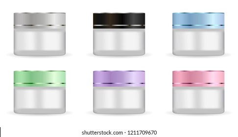 Round white matt glass jars set with different color plastic lids for cosmetics - body cream, butter, scrub, bath salt, gel, skin care, powder. Realistic 3d packaging mockup template.